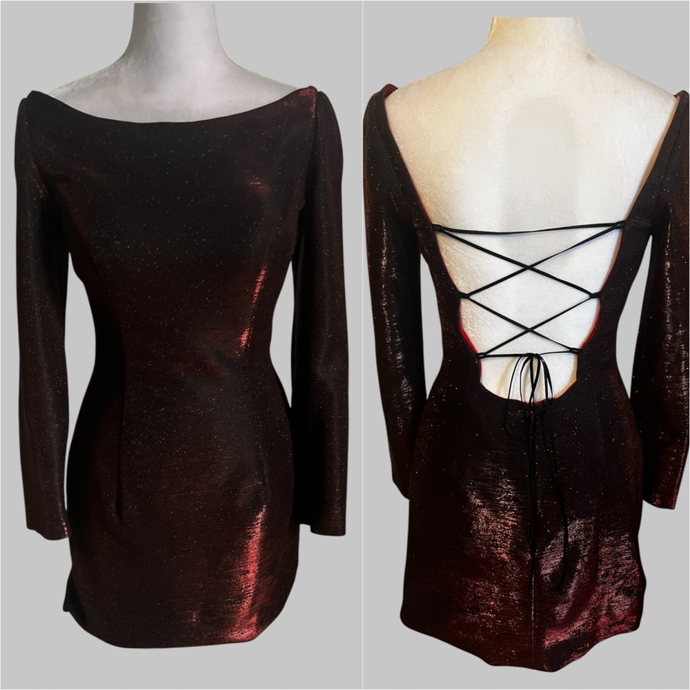 Sherri Hill 52978 Long Sleeve Formal Mini Dress Red Black Shimmer Lace Up Back